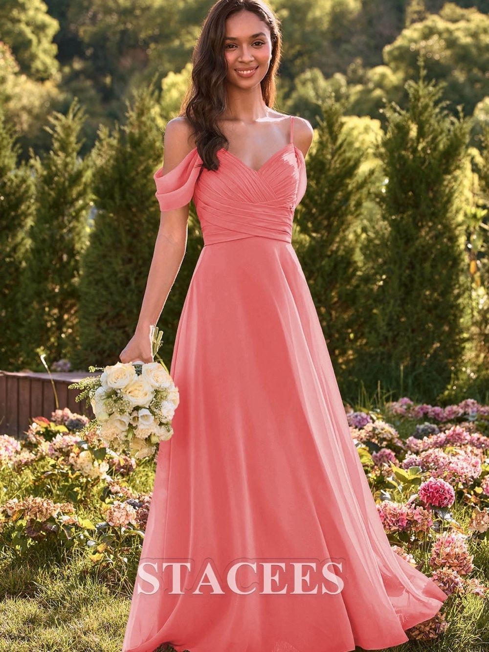 A-line Off-the-Shoulder Sweetheart Ruched Chiffon Floor-Length Bridesmaid Dress
